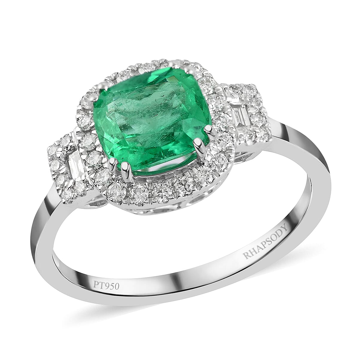 Certified and Apprised RHAPSODY 950 Platinum AAAA Boyaca Colombian Emerald and Diamond E-F VS Halo Ring 4.60 Grams 1.80 ctw image number 0