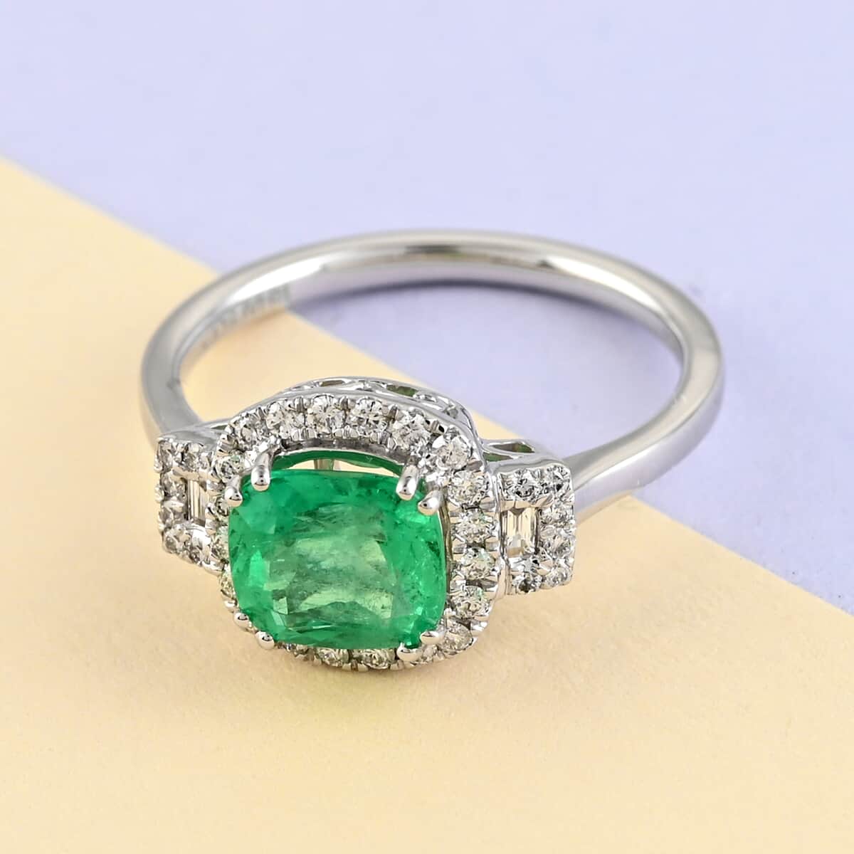 Certified Rhapsody 950 Platinum AAAA Colombian Emerald and E-F VS Diamond Halo Ring (Size 6.0) 4.60 Grams 1.75 ctw image number 1