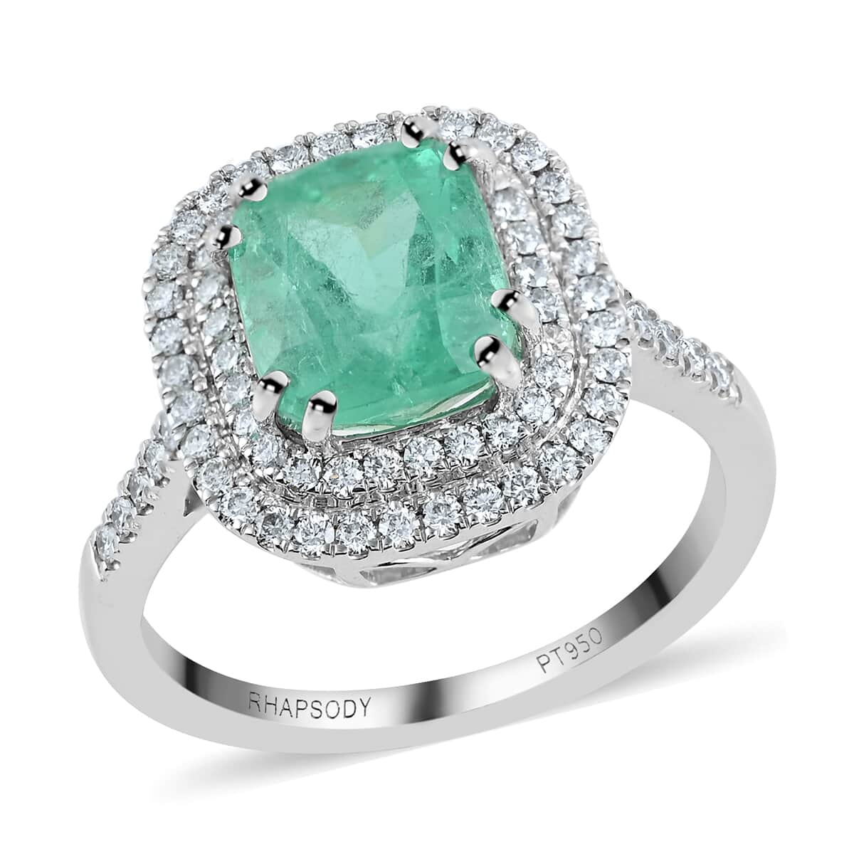 Certified and Apprised RHAPSODY 950 Platinum AAAA Boyaca Colombian Emerald and Diamond E-F VS Double Halo Ring (Size 6.0) 5.20 Grams 2.90 ctw image number 0