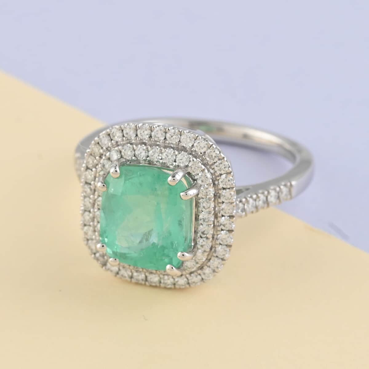 Certified and Apprised RHAPSODY 950 Platinum AAAA Boyaca Colombian Emerald and Diamond E-F VS Double Halo Ring (Size 6.0) 5.20 Grams 2.90 ctw image number 1