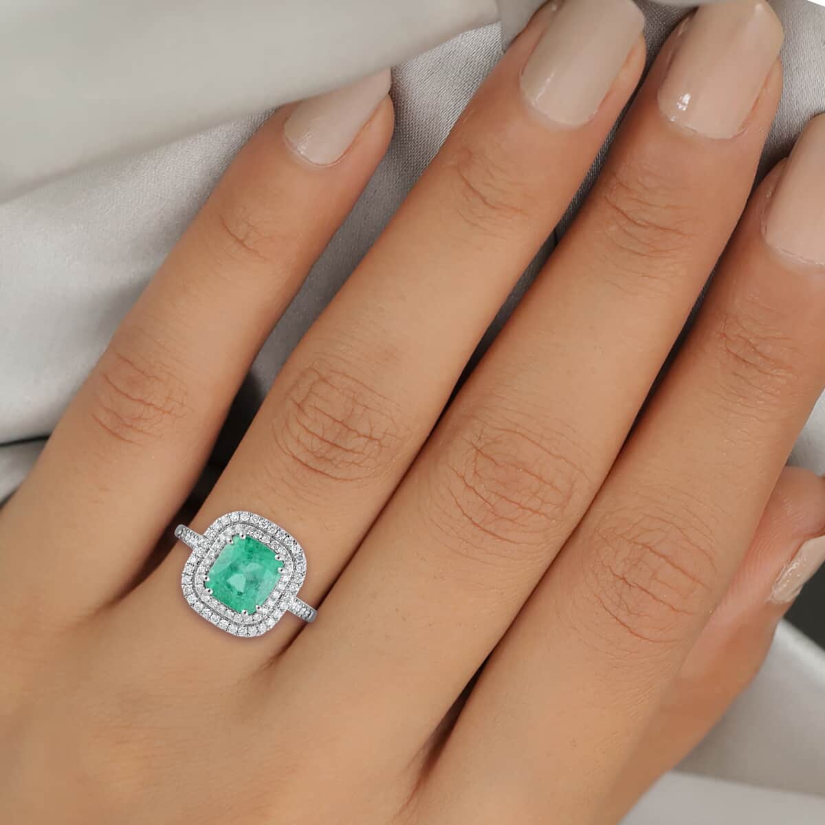 Certified and Apprised RHAPSODY 950 Platinum AAAA Boyaca Colombian Emerald and Diamond E-F VS Double Halo Ring (Size 6.0) 5.20 Grams 2.90 ctw image number 2