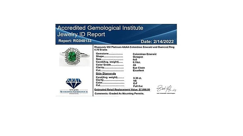 Certified & Appraised Rhapsody AAAA Boyaca Colombian Emerald and Diamond E-F VS 1.00 ctw Double Halo Ring in 950 Platinum (Size 6.0) 4.75 Grams
