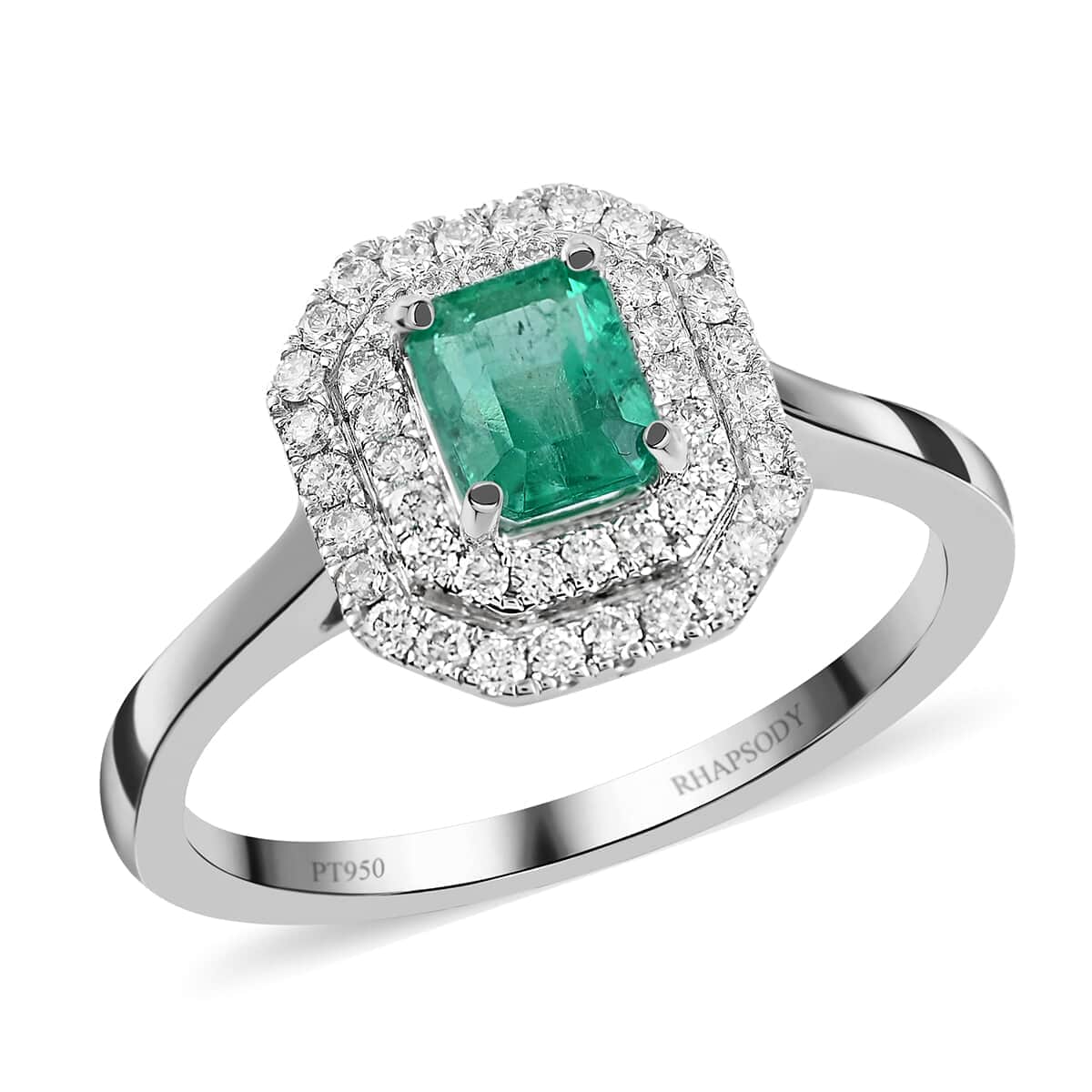 Certified & Appraised Rhapsody 950 Platinum AAAA Boyaca Colombian Emerald and Diamond E-F VS Double Halo Ring (Size 7.0) 4.75 Grams 1.00 ctw image number 0