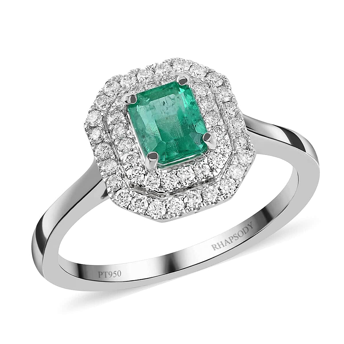 Certified & Appraised Rhapsody 950 Platinum AAAA Boyaca Colombian Emerald and Diamond E-F VS Double Halo Ring (Size 7.0) 4.75 Grams 1.00 ctw image number 0