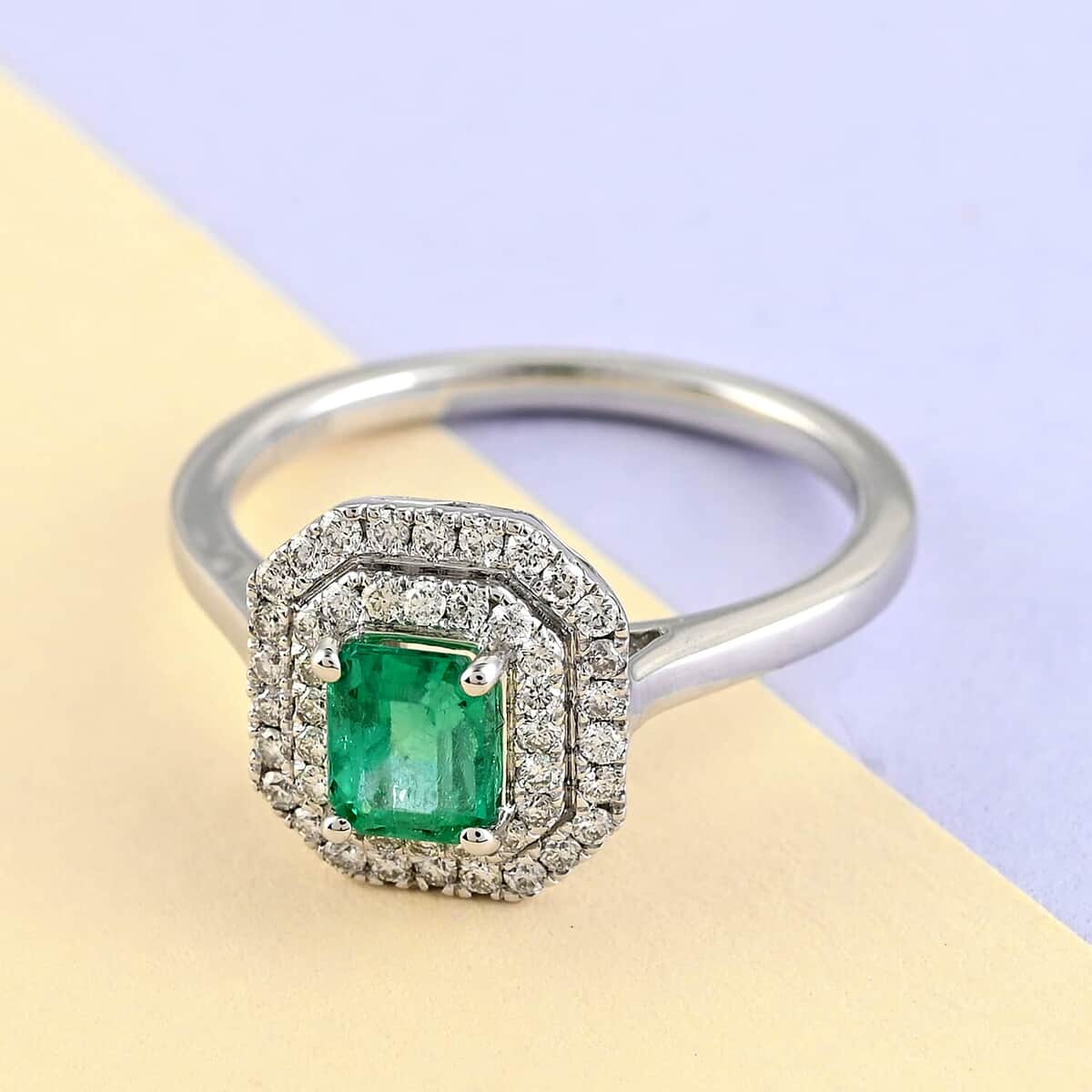 Certified & Appraised Rhapsody 950 Platinum AAAA Boyaca Colombian Emerald and Diamond E-F VS Double Halo Ring (Size 7.0) 4.75 Grams 1.00 ctw image number 1