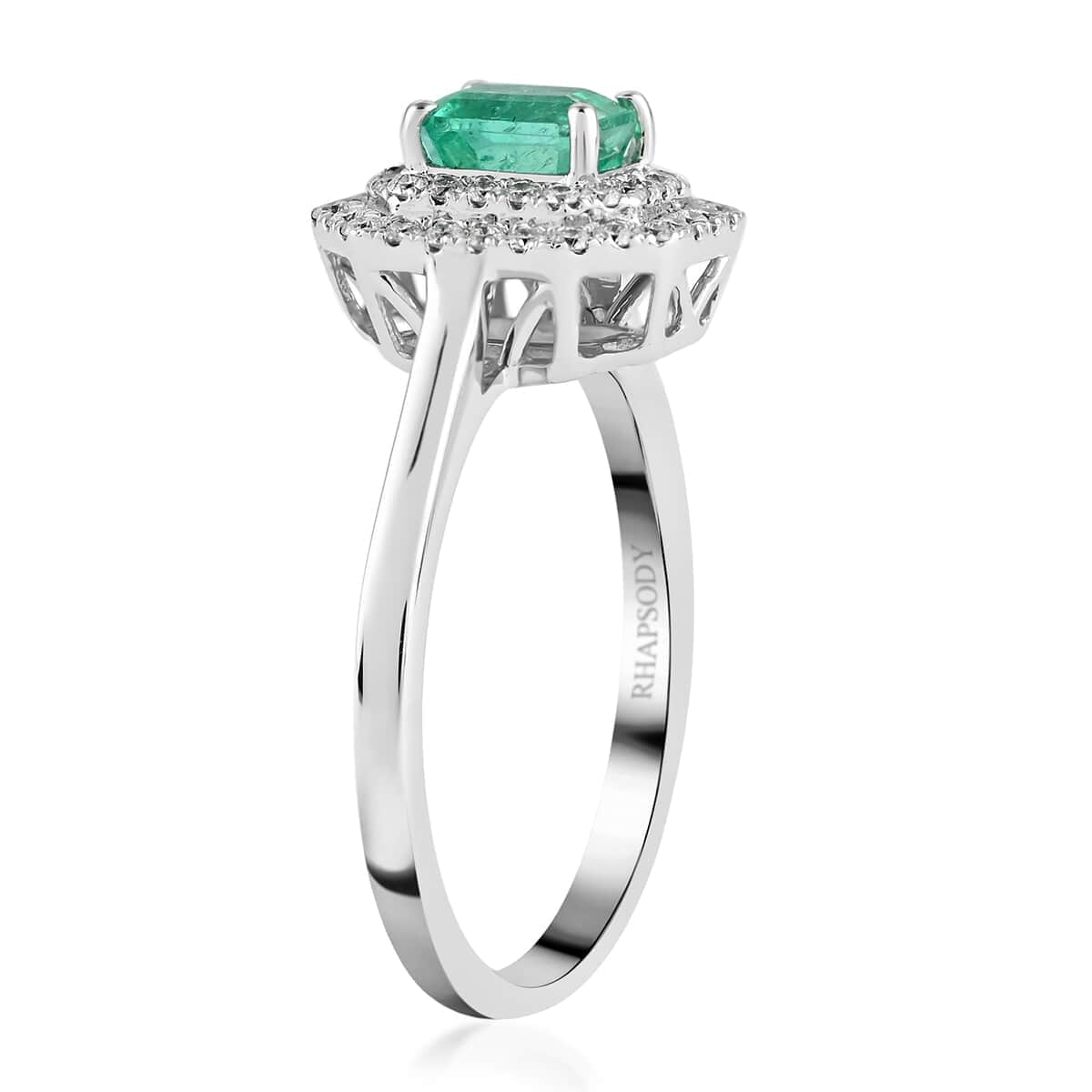 Certified & Appraised Rhapsody 950 Platinum AAAA Boyaca Colombian Emerald and Diamond E-F VS Double Halo Ring (Size 7.0) 4.75 Grams 1.00 ctw image number 3