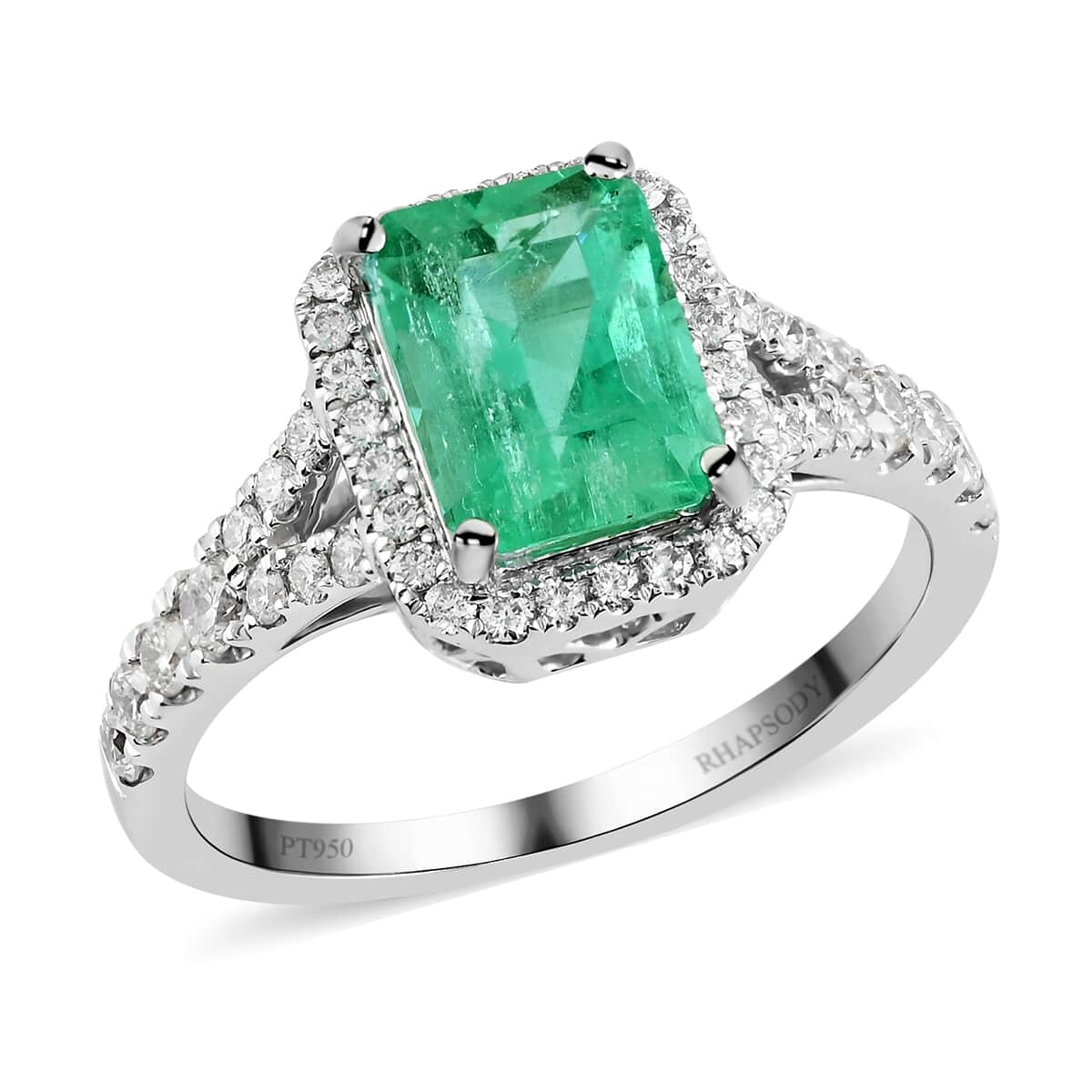 Certified Rhapsody 950 Platinum AAAA Boyaca Colombian Emerald and E-F VS Diamond Ring (Size 8.0) 4.85 Grams 2.00 ctw image number 0