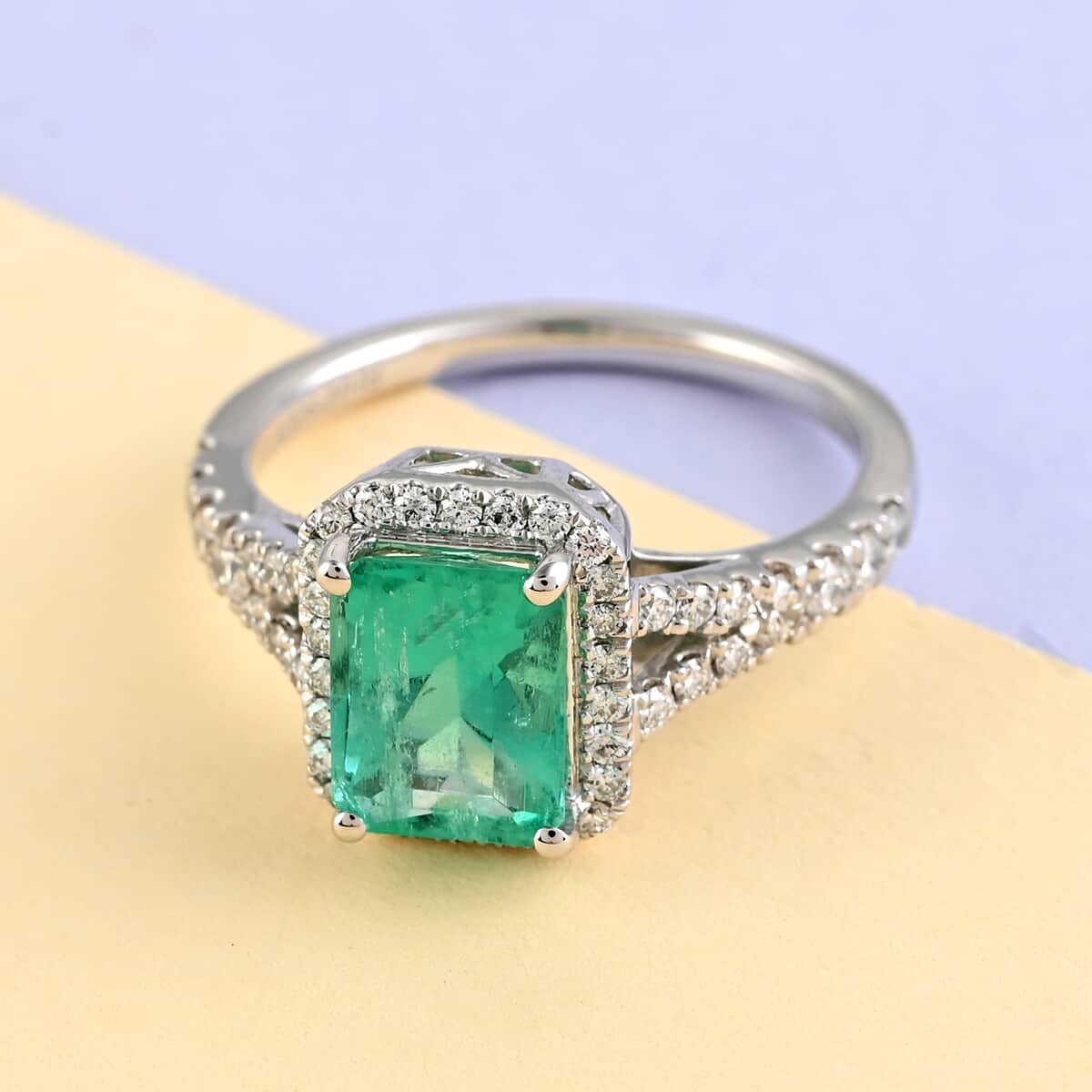 Certified Rhapsody 950 Platinum AAAA Boyaca Colombian Emerald and E-F VS Diamond Ring (Size 8.0) 4.85 Grams 2.00 ctw image number 1
