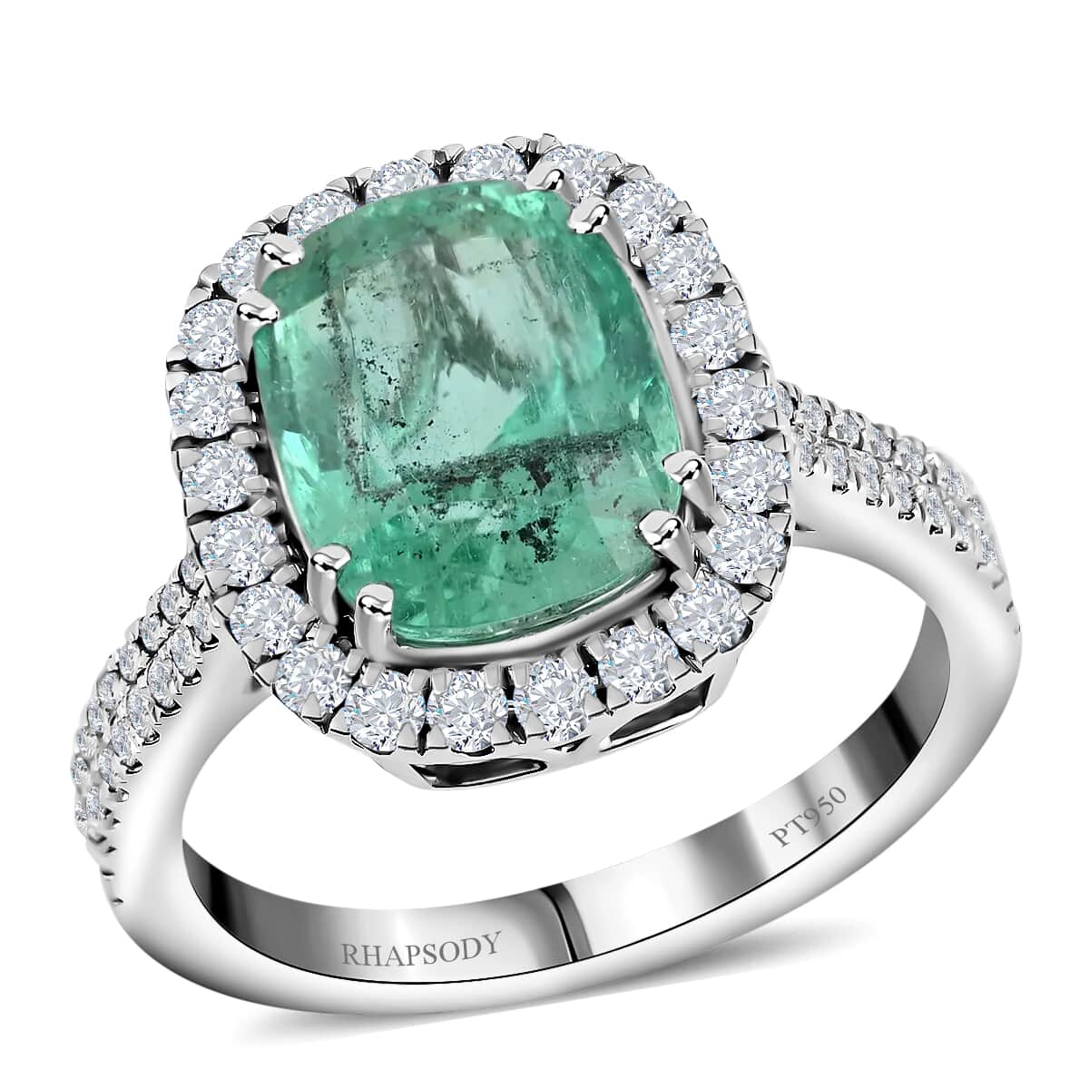 Rhapsody 950 Platinum AAAA Boyaca Colombian Emerald and E-F VS Diamond Halo Ring (Size 7.0) 7.50 Grams 4.60 ctw image number 0