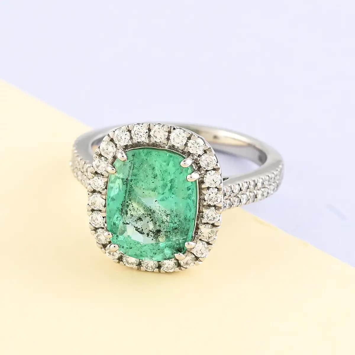 Rhapsody 950 Platinum AAAA Boyaca Colombian Emerald and E-F VS Diamond Halo Ring (Size 7.0) 7.50 Grams 4.60 ctw image number 1