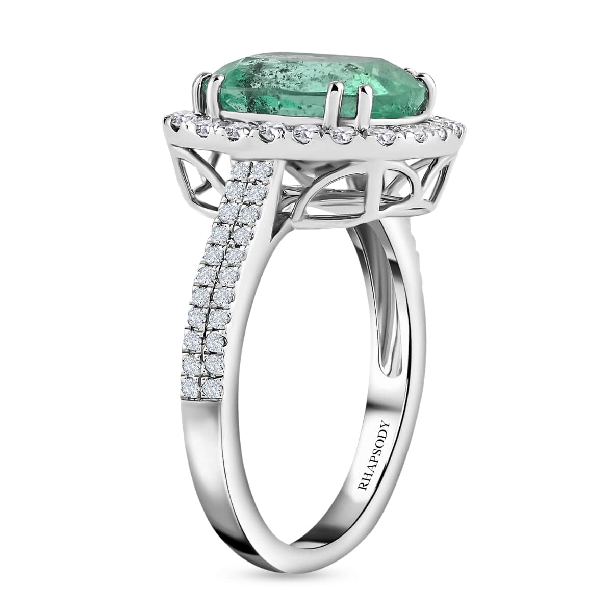 Rhapsody 950 Platinum AAAA Boyaca Colombian Emerald and E-F VS Diamond Halo Ring (Size 7.0) 7.50 Grams 4.60 ctw image number 3