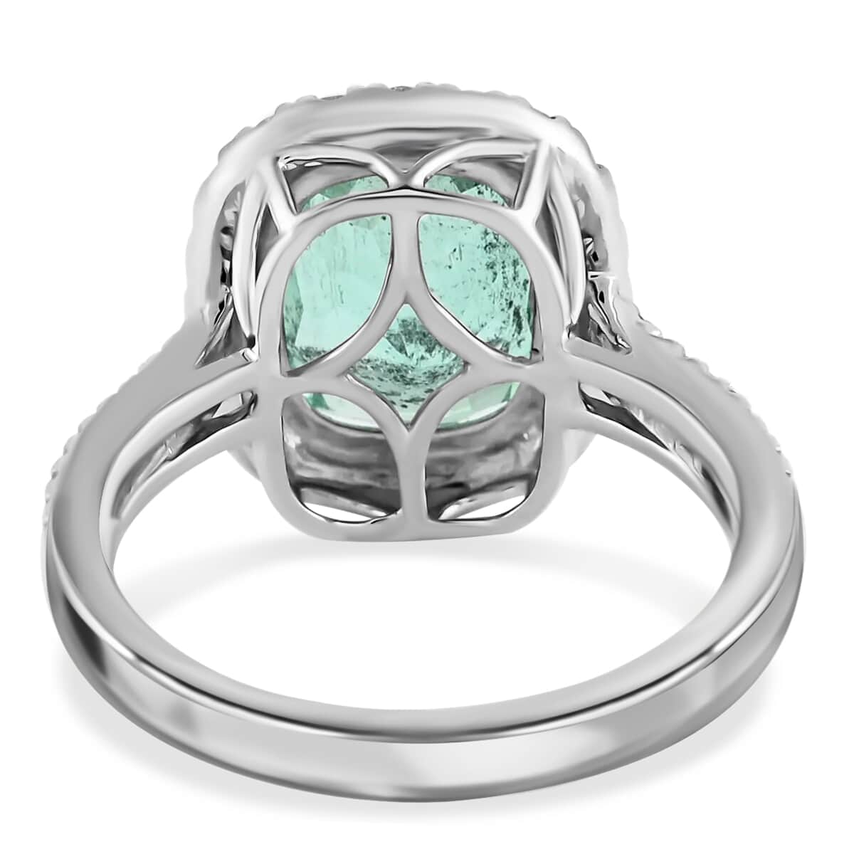 Rhapsody 950 Platinum AAAA Boyaca Colombian Emerald and E-F VS Diamond Halo Ring (Size 7.0) 7.50 Grams 4.60 ctw image number 4