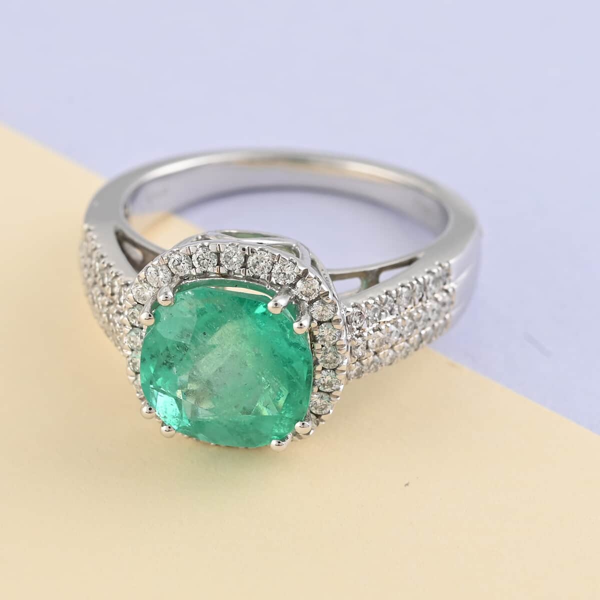 One Of A Kind Certified & Appraised Rhapsody 950 Platinum AAAA Boyaca Colombian Emerald and E-F VS Diamond Ring (Size 7.0) 8.10 Grams 3.50 ctw image number 1