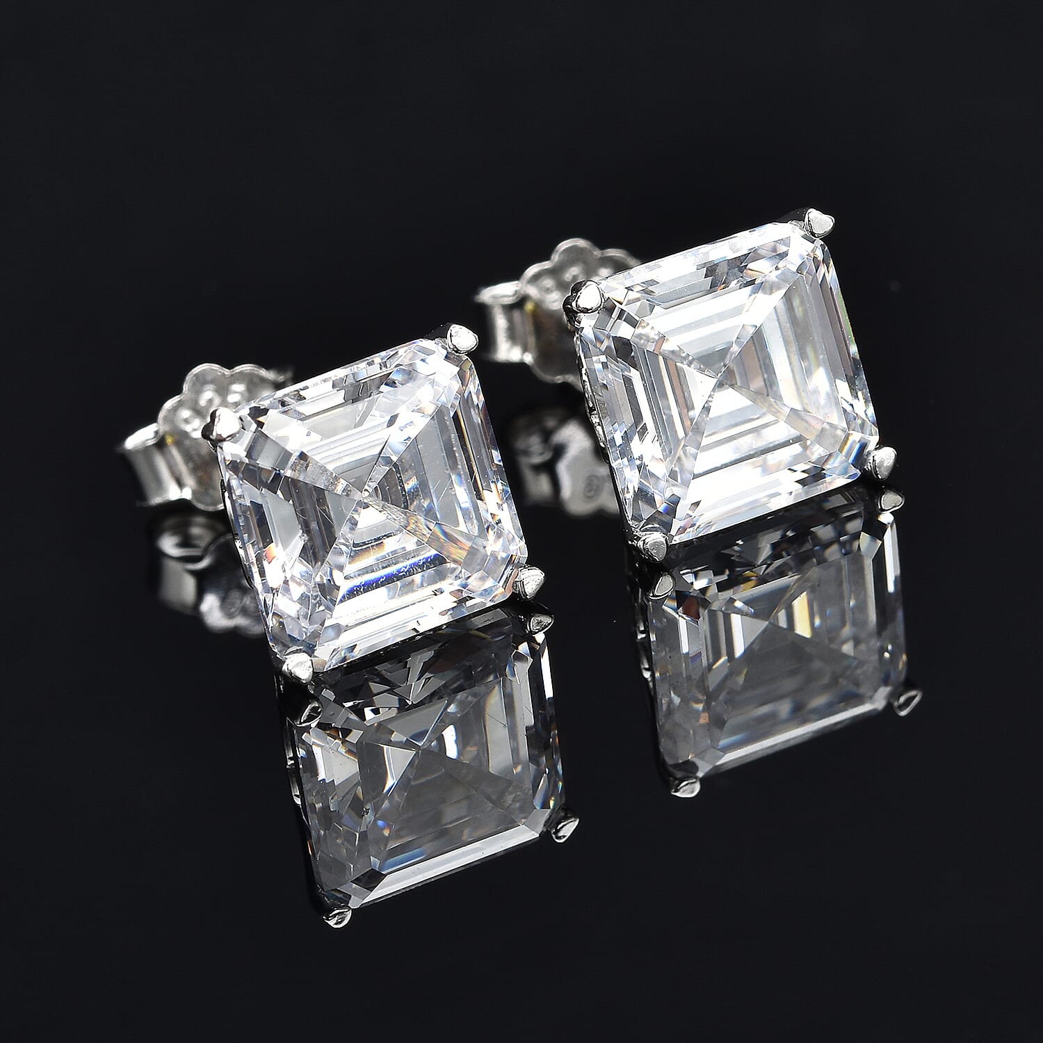 Lustro Stella Asscher Cut Finest CZ Solitaire Stud Earrings in Sterling Silver 8.10 ctw