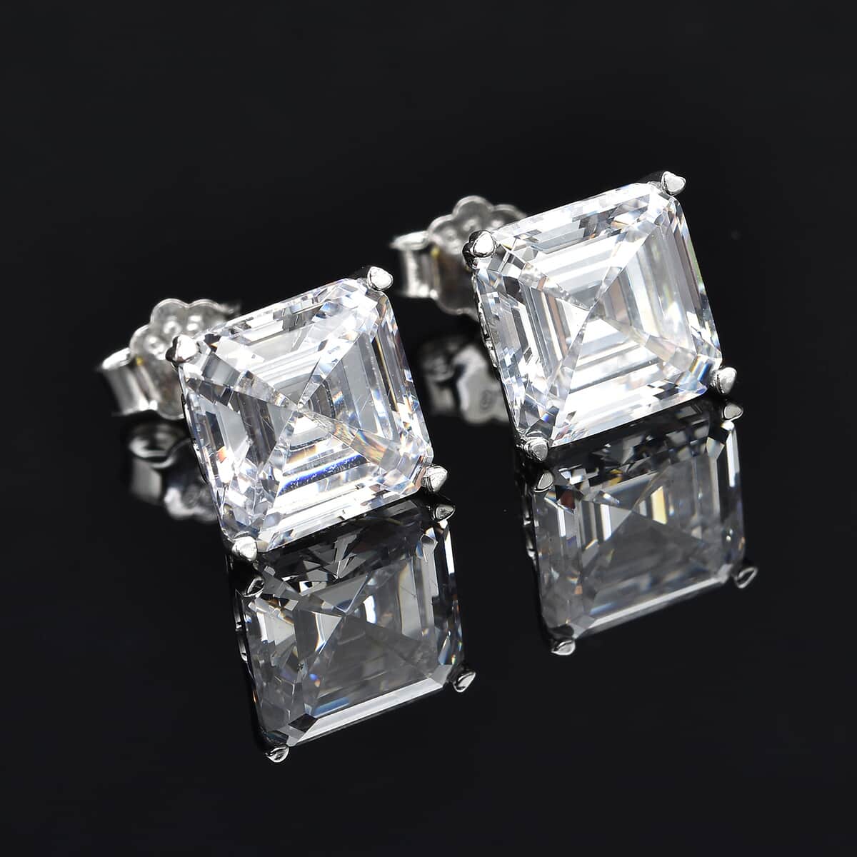 Lustro Stella Asscher Cut Finest CZ Solitaire Stud Earrings in Sterling Silver 8.10 ctw image number 1
