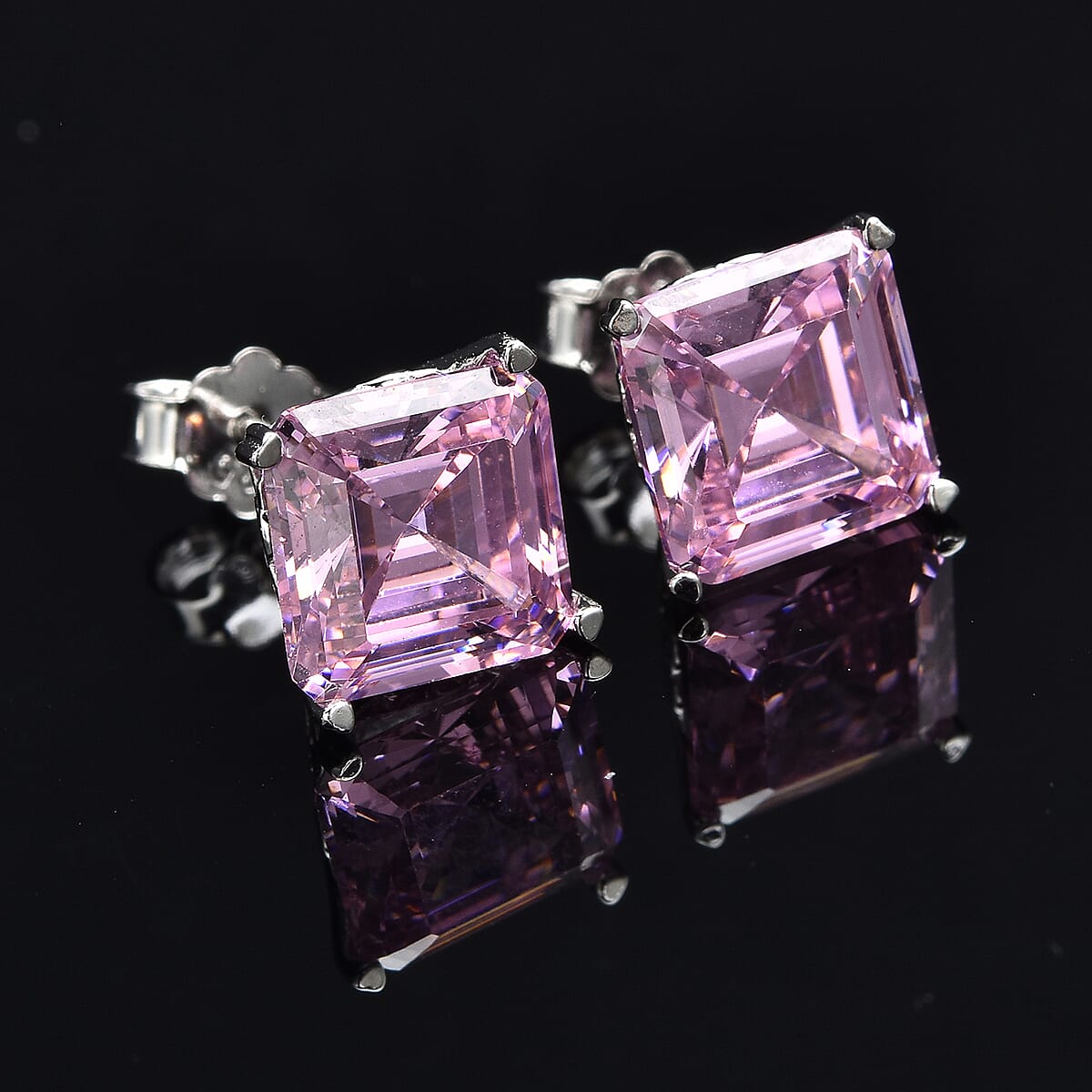 Asscher Cut Finest Pink and White CZ Stud Earrings in Sterling Silver 8.25 ctw image number 1
