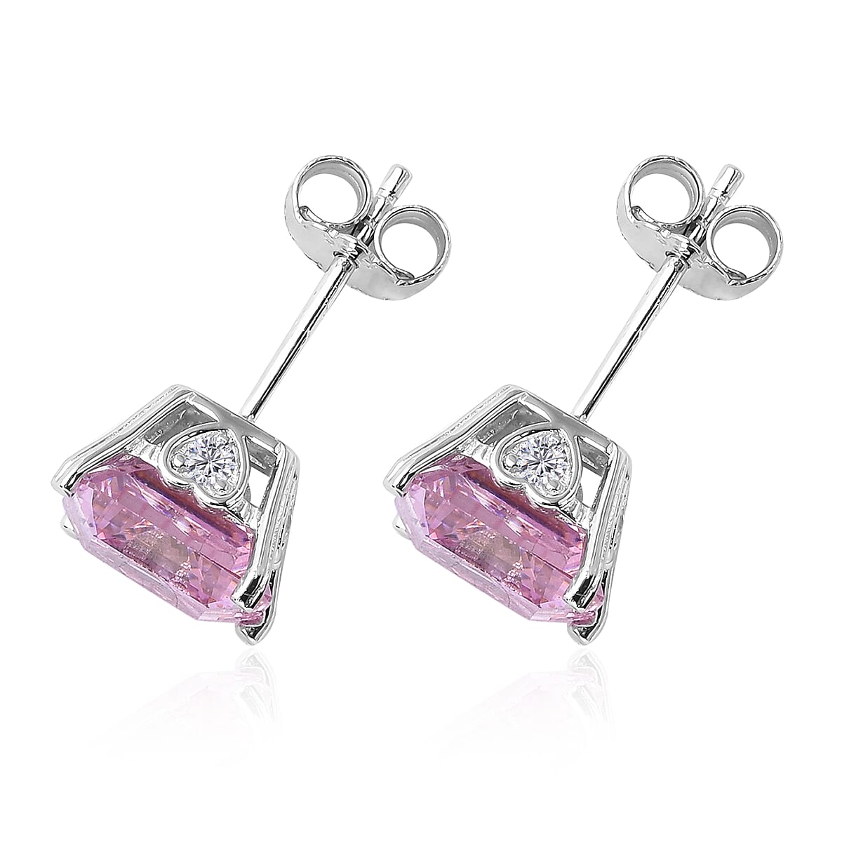 Asscher Cut Finest Pink and White CZ Stud Earrings in Sterling Silver 8.25 ctw image number 3