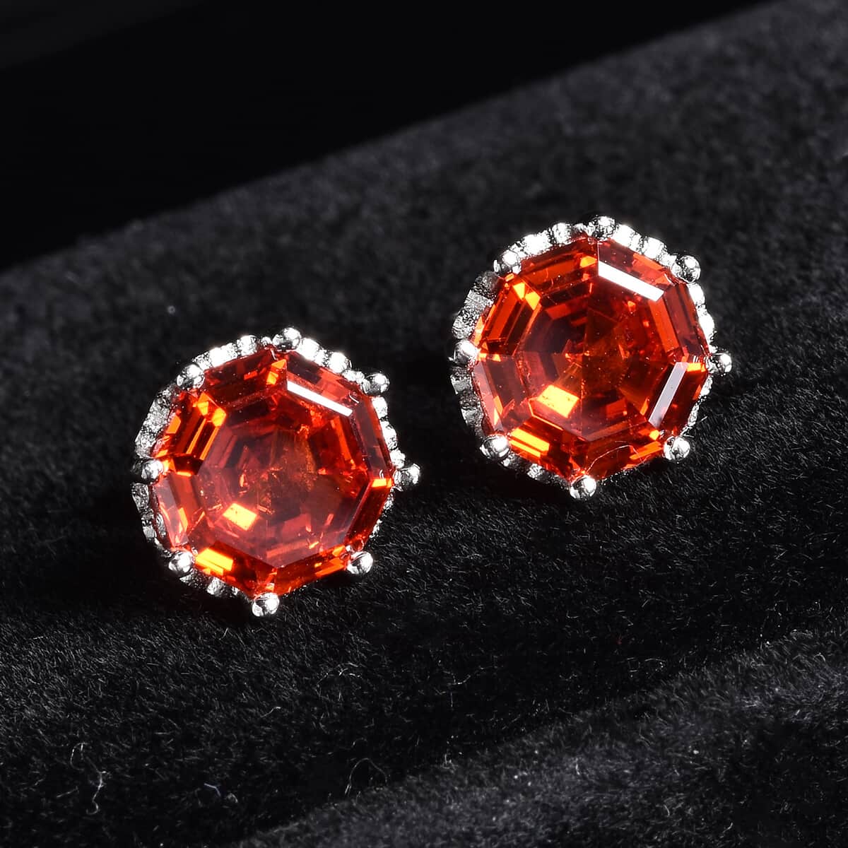 Octillion Cut Finest Orange and White CZ Stud Earrings in Sterling Silver (Size 10) 7.90 ctw image number 1