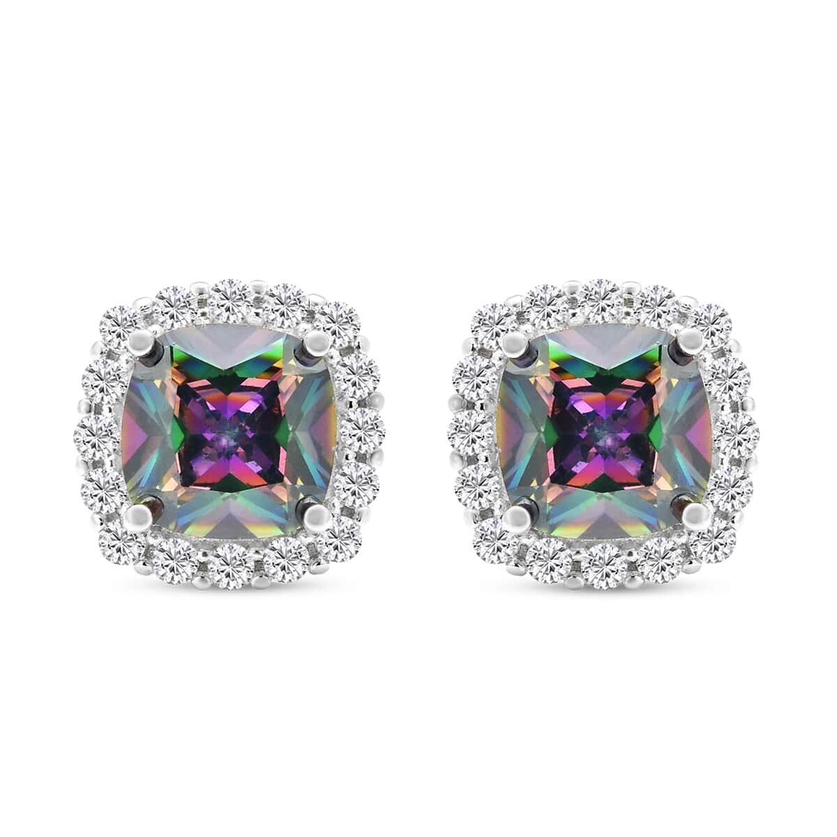 Finest Mystic Green CZ Halo Stud Earrings in Sterling Silver 4.60 ctw image number 0