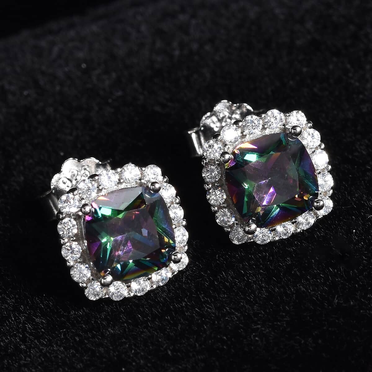 Finest Mystic Green CZ Halo Stud Earrings in Sterling Silver 4.60 ctw image number 1