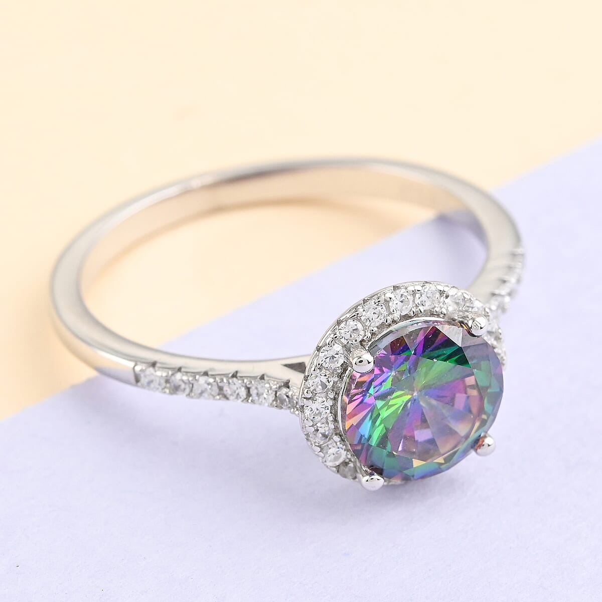 Lustro Stella Finest Mystic Green CZ Halo Ring in Sterling Silver (Size 10.0) 4.10 ctw image number 1