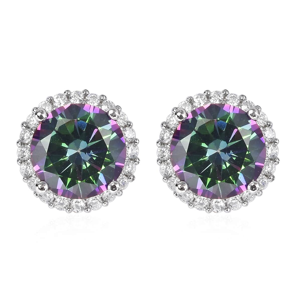 Finest Green Mystic Color Halo Stud Earrings in Sterling Silver| White Cubic Zirconia Earrings 7.75 ctw image number 0