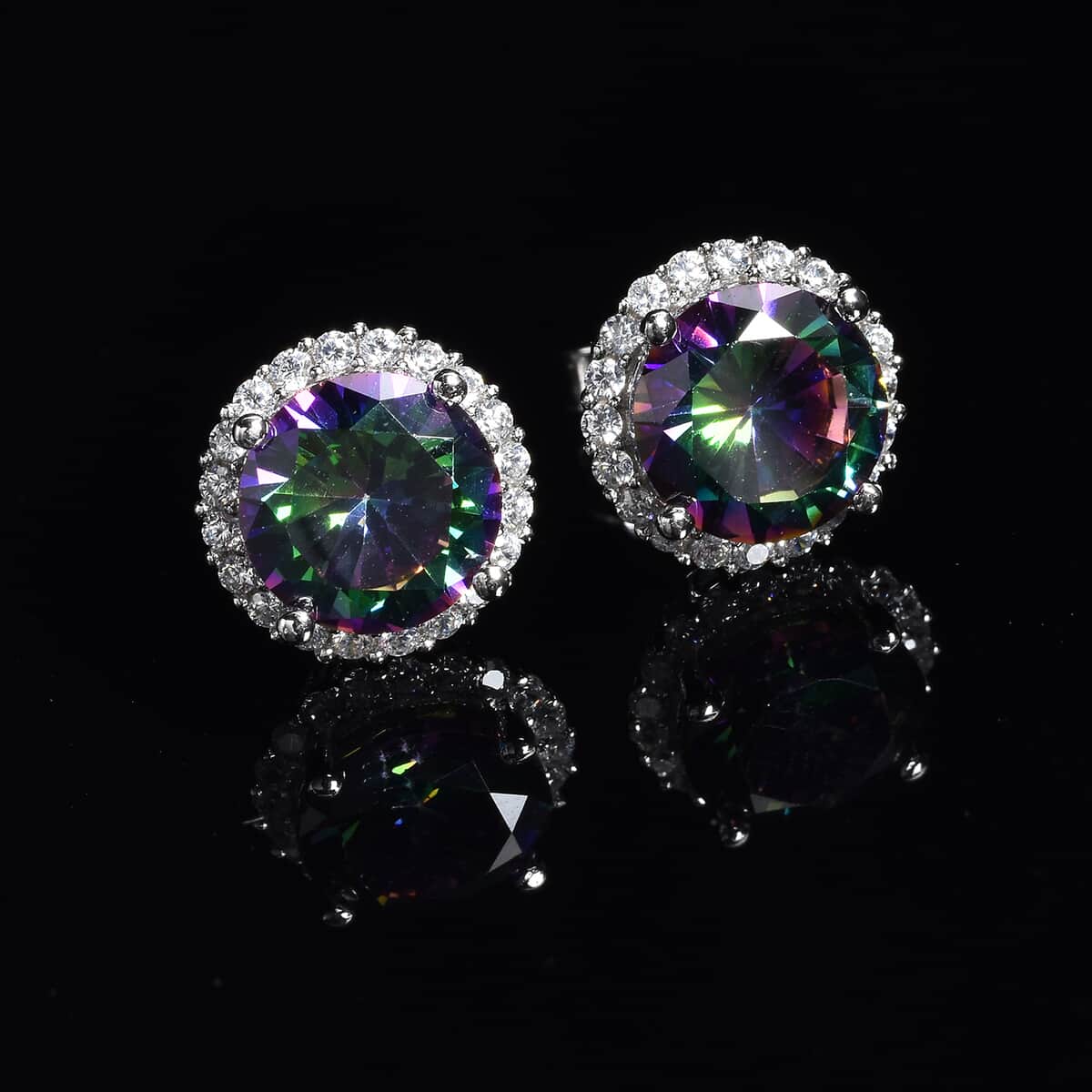 Finest Green Mystic Color Halo Stud Earrings in Sterling Silver| White Cubic Zirconia Earrings 7.75 ctw image number 1