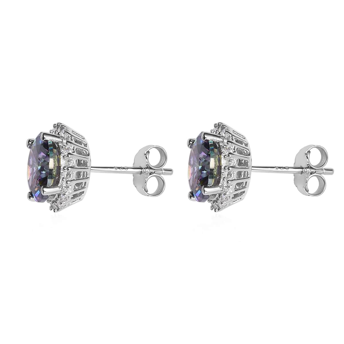Finest Green Mystic Color Halo Stud Earrings in Sterling Silver| White Cubic Zirconia Earrings 7.75 ctw image number 3