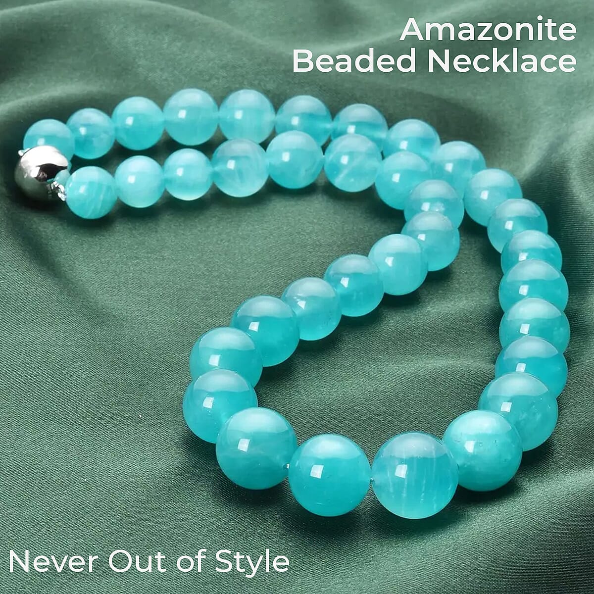 Amazonite Beaded Necklace 18 Inches with Magnetic Lock in Rhodium Over Sterling Silver 485.00 ctw image number 1