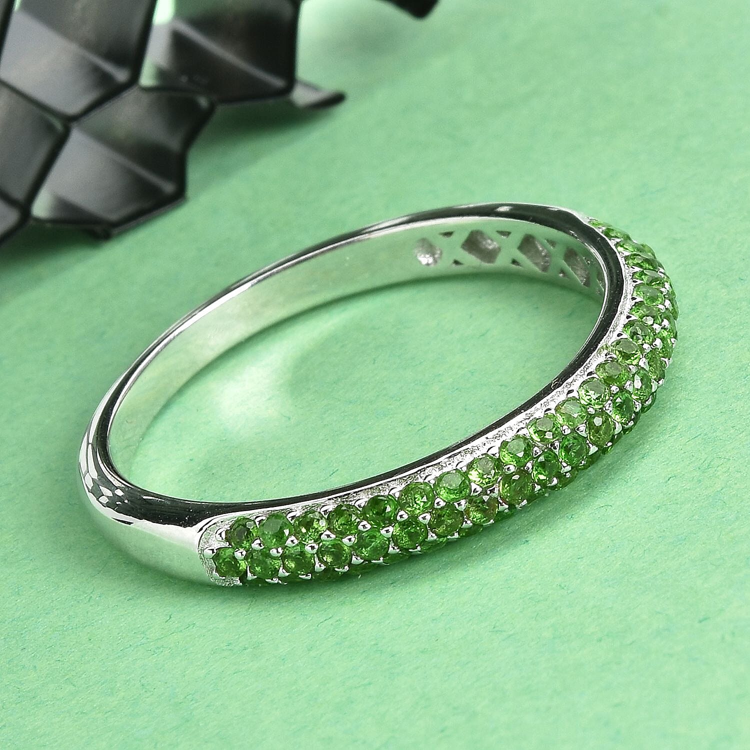Natural Chrome Diopside Half Band Ring in Rhodium Over Sterling Silver (Size 10.0) 0.65 ctw