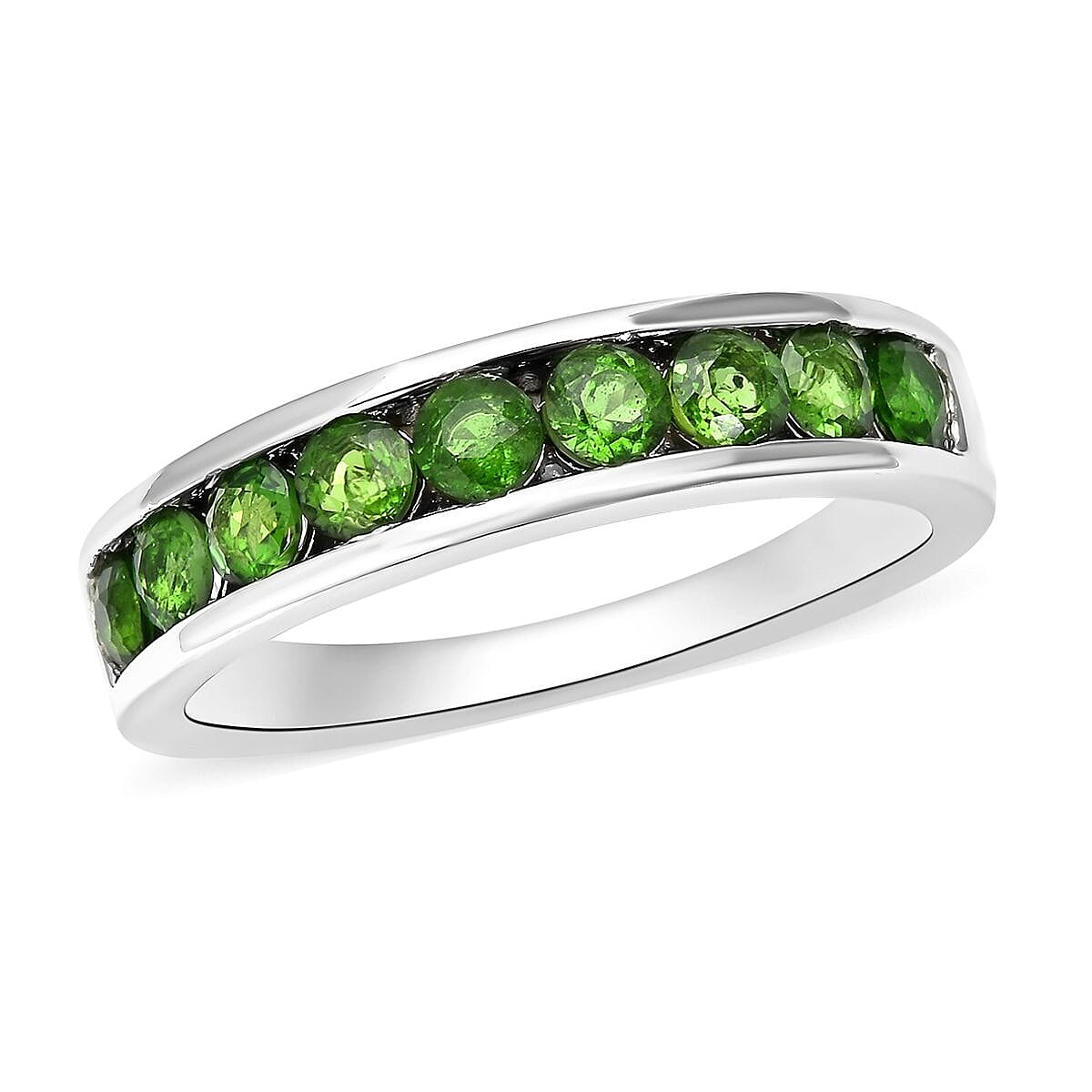 Natural Chrome Diopside Half Eternity Band Ring in Rhodium Over Sterling Silver (Size 10.0) 1.15 ctw