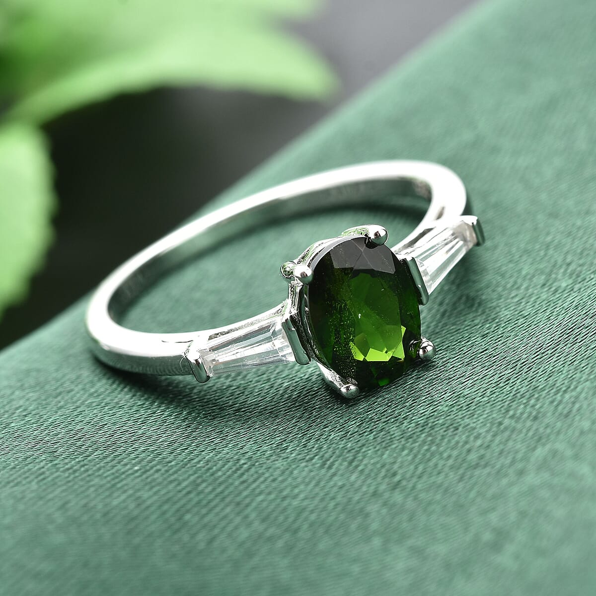 Natural Chrome Diopside and Natural White Zircon Ring in Rhodium Over Sterling Silver (Size 6.0) 1.65 ctw image number 1