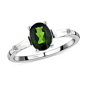 Natural Chrome Diopside and Natural White Zircon Ring in Rhodium Over Sterling Silver (Size 5.0) 1.65 ctw
