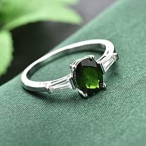 Natural Chrome Diopside and Natural White Zircon Ring in Rhodium Over Sterling Silver (Size 5.0) 1.65 ctw