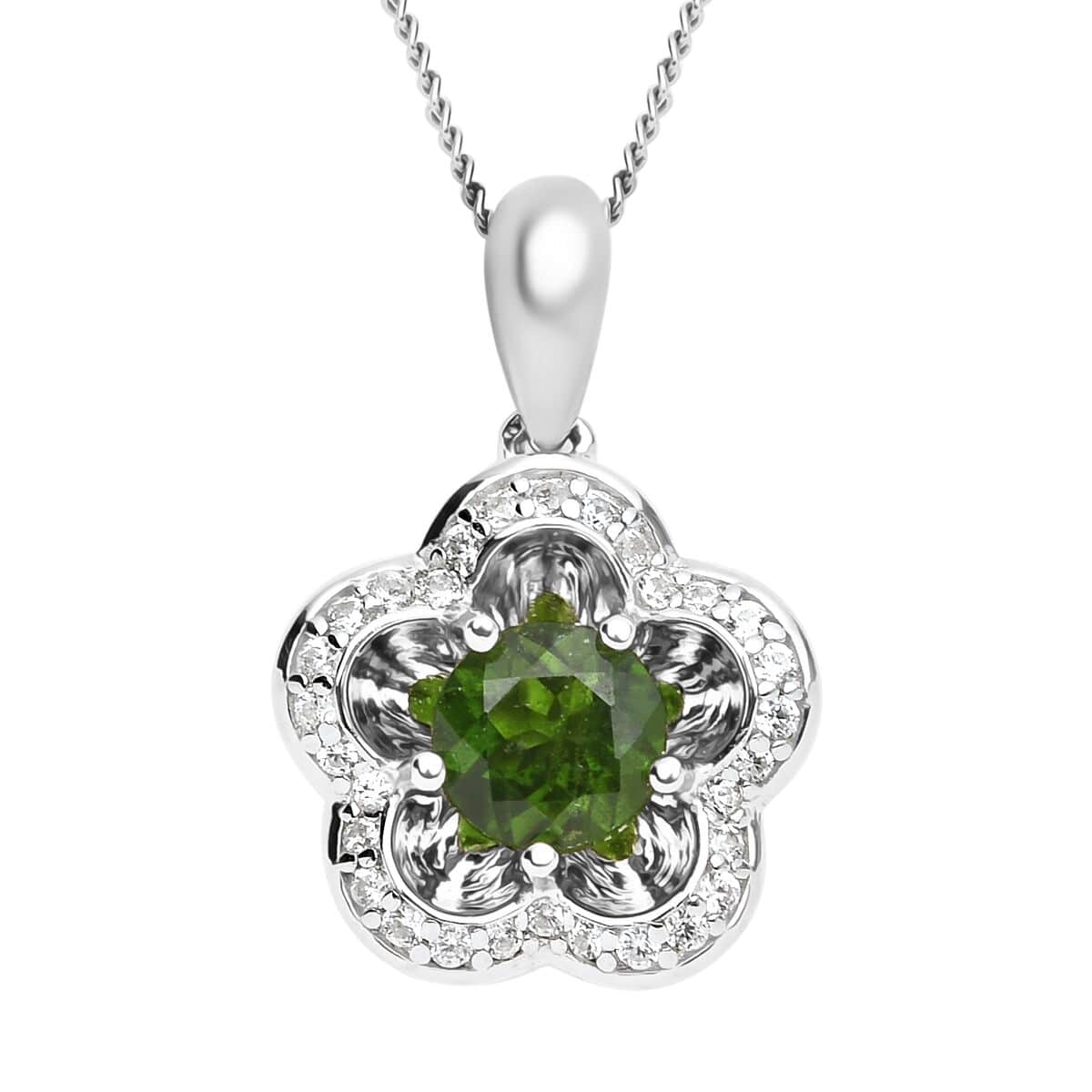 Chrome Diopside Floral Pendant Necklace 18 Inches in Rhodium Over Sterling Silver 1.10 ctw image number 0