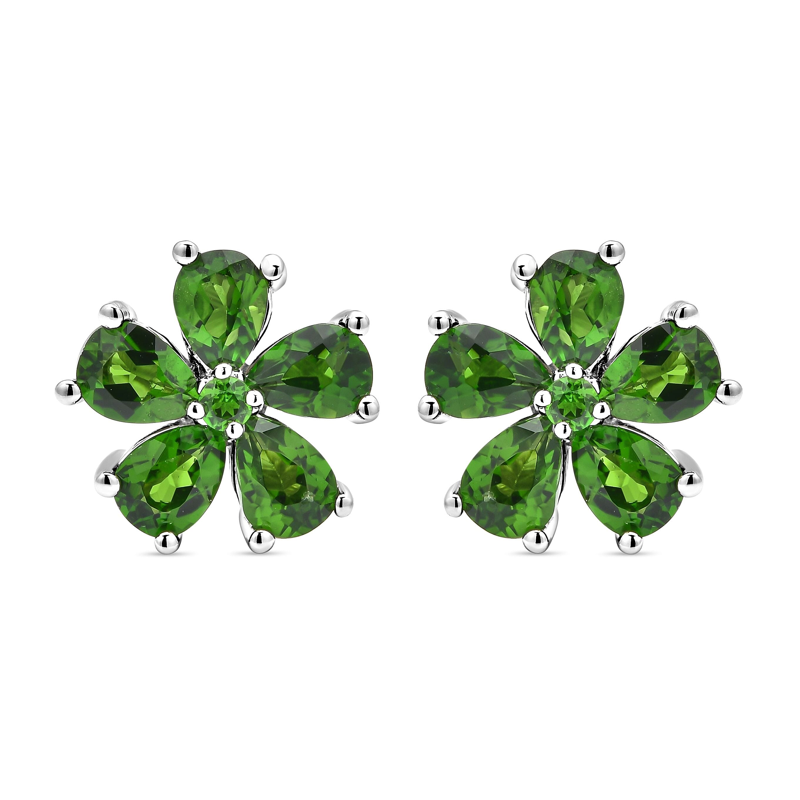 Natural Chrome Diopside Flower Earrings in Rhodium Over Sterling Silver 1.85 ctw