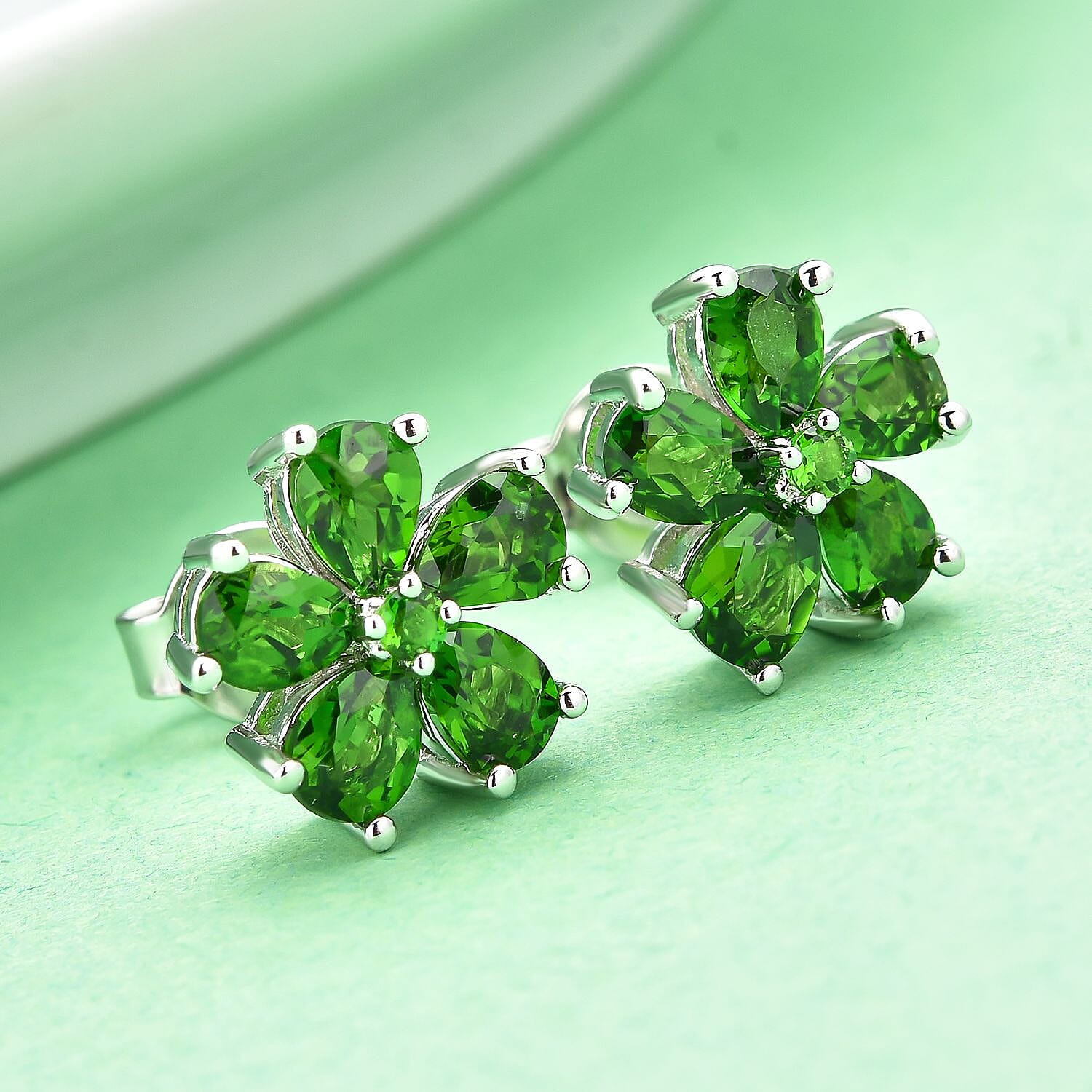Natural Chrome Diopside Flower Earrings in Rhodium Over Sterling Silver 1.85 ctw