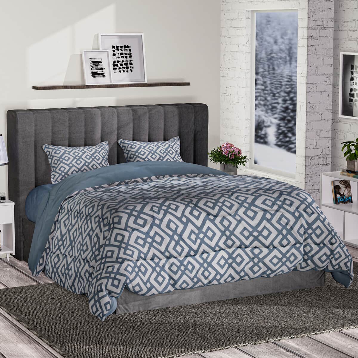 Blue Solid and Geometrical Print Microfiber 3pcs Comforter Set - Queen image number 0