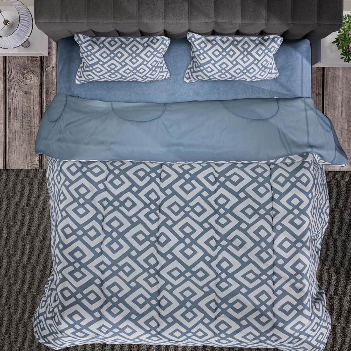 Blue Solid and Geometrical Print Microfiber 3pcs Comforter Set  - Queen image number 5