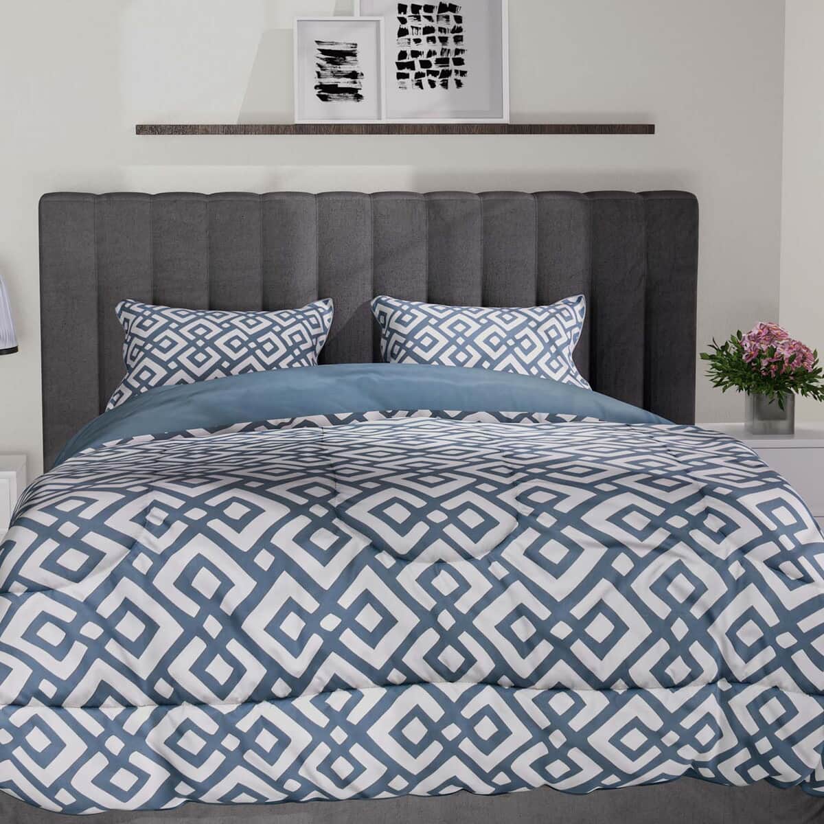 Blue Solid and Geometrical Print Microfiber 3pcs Comforter Set - Queen image number 6