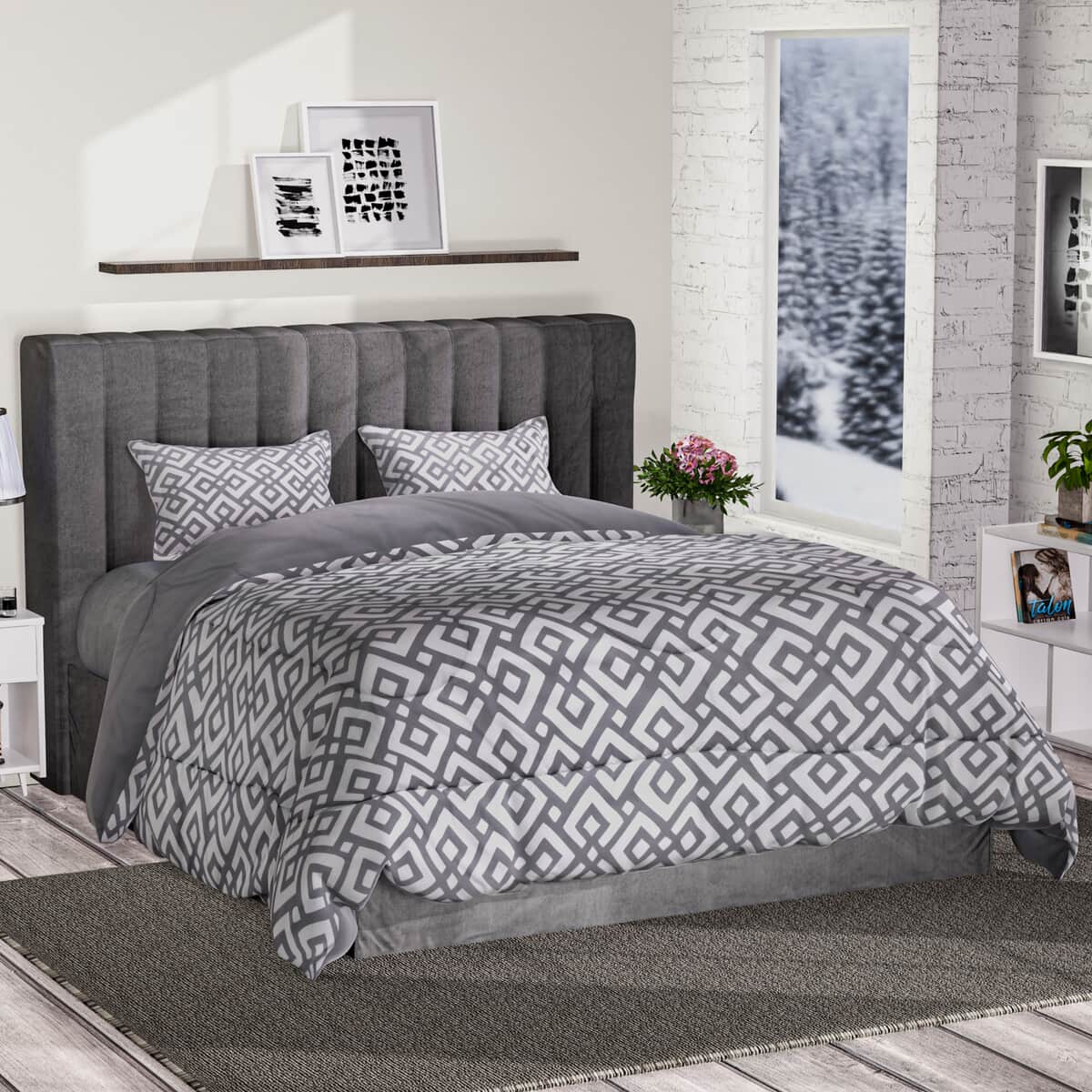 Gray Solid and Geometrical Print Microfiber 3pcs Comforter Set - Queen image number 0