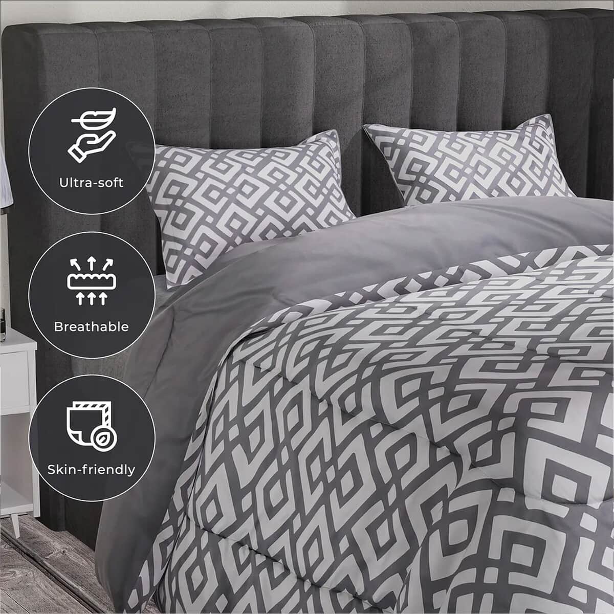 Gray Solid and Geometrical Print Microfiber 3pcs Comforter Set - Queen image number 2