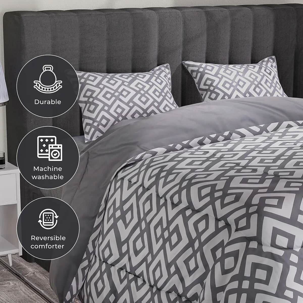 Gray Solid and Geometrical Print Microfiber 3pcs Comforter Set - Queen image number 3