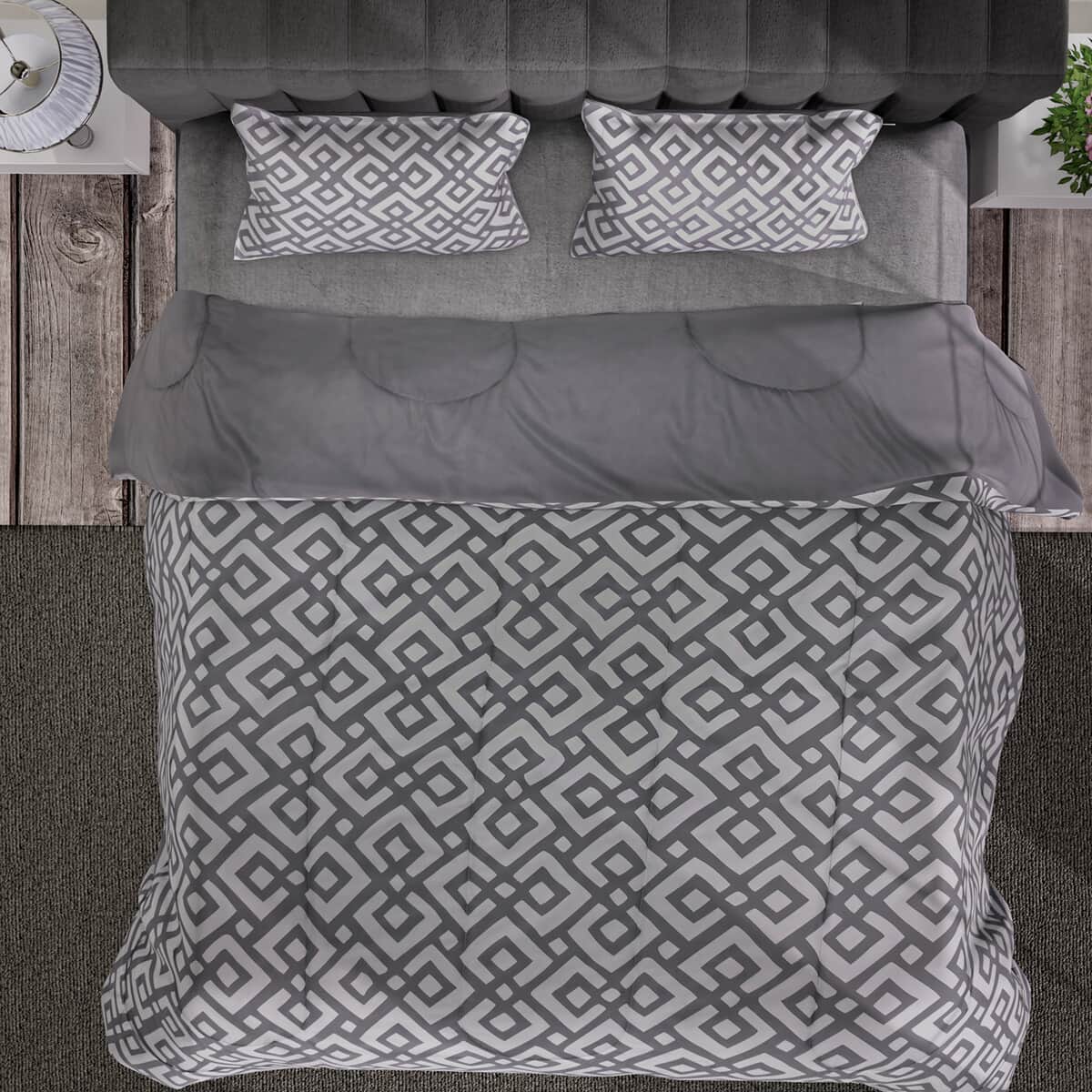 Gray Solid and Geometrical Print Microfiber 3pcs Comforter Set - Queen image number 5