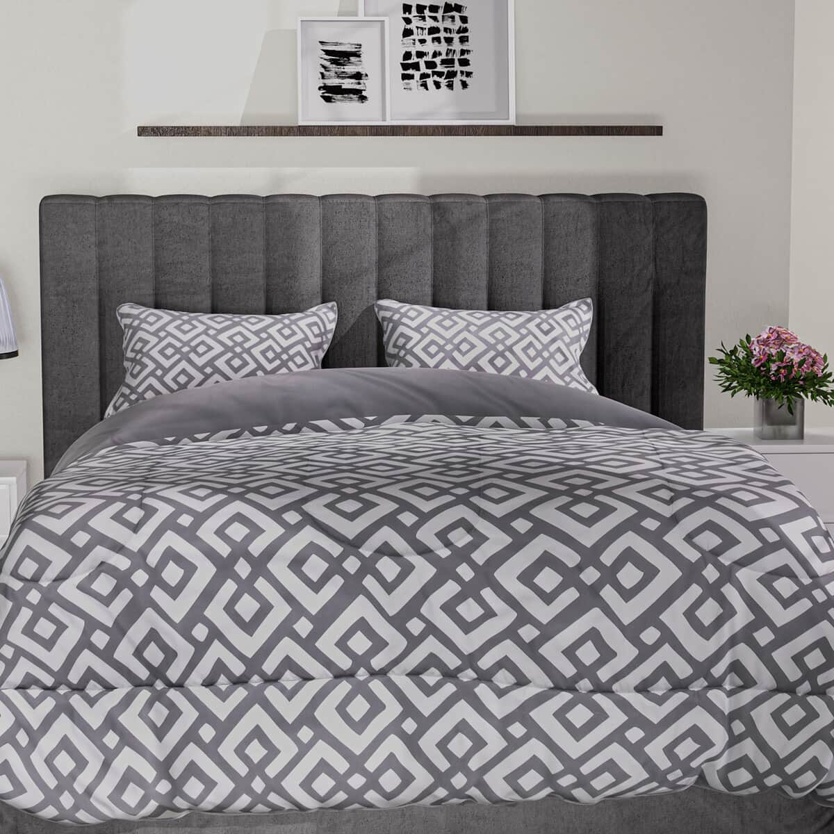 Gray Solid and Geometrical Print Microfiber 3pcs Comforter Set - Queen image number 6