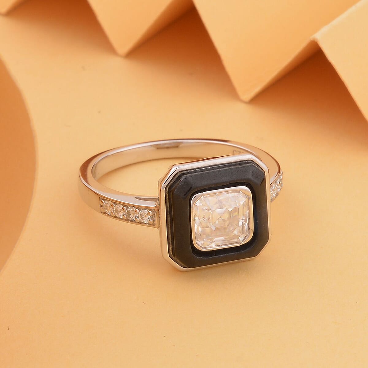 Asscher Cut Moissanite VS EF and Black Jade Halo Ring in Rhodium Over Sterling Silver 2.80 ctw image number 1