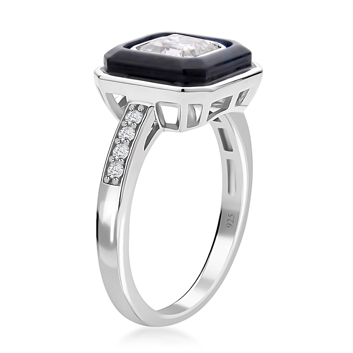 Asscher Cut Moissanite VS EF and Black Jade Halo Ring in Rhodium Over Sterling Silver 2.80 ctw image number 3
