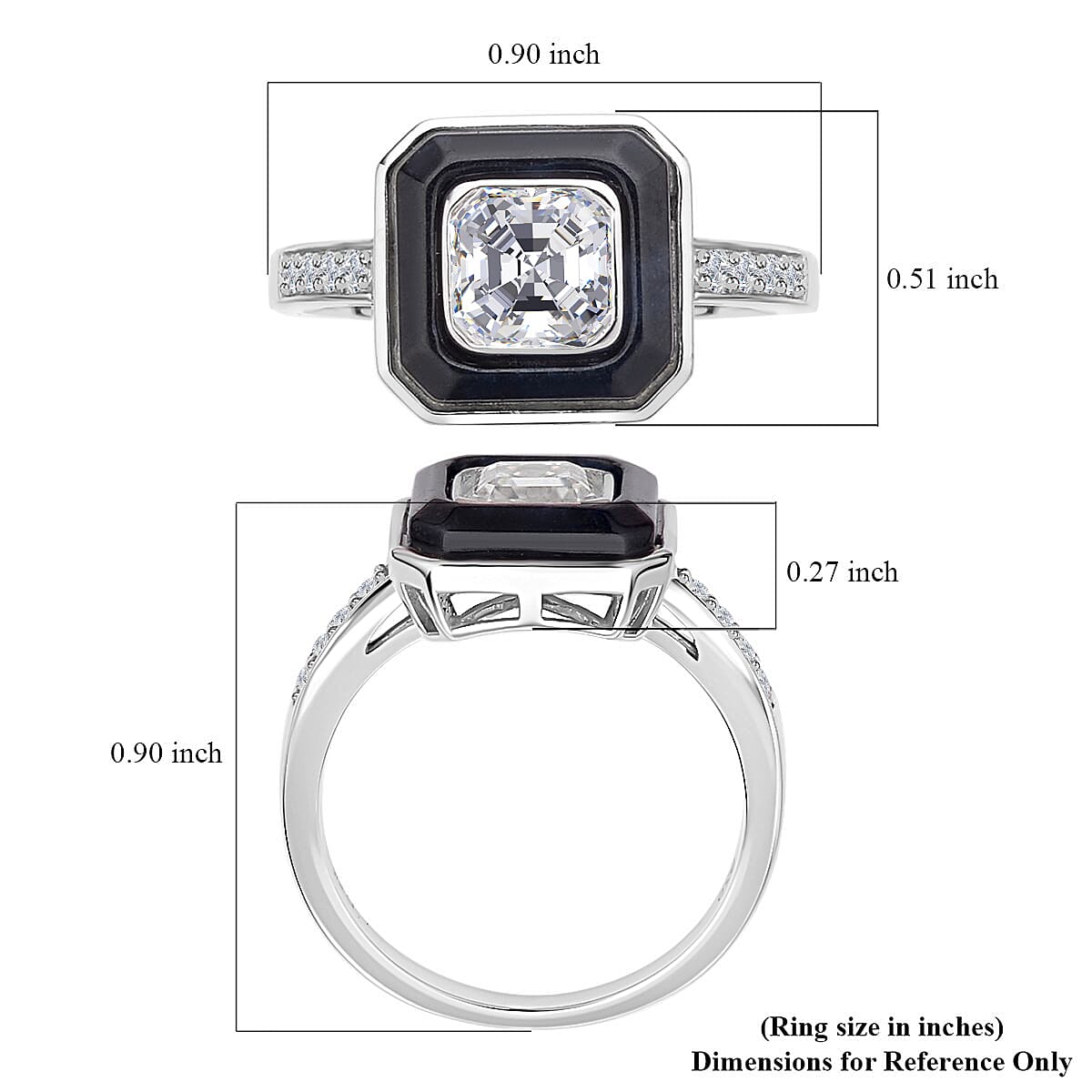 Asscher Cut Moissanite VS EF and Black Jade Halo Ring in Rhodium Over Sterling Silver 2.80 ctw image number 5