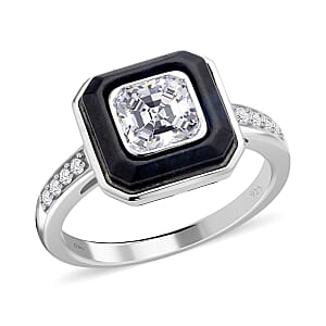 Asscher Cut Moissanite and Black Jade (D) Halo Ring in Rhodium Over Sterling Silver (Size 6.0) 2.75 ctw