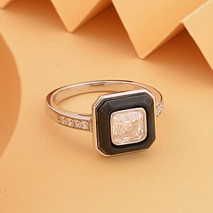 Asscher Cut Moissanite and Black Jade (D) Halo Ring in Rhodium Over Sterling Silver (Size 6.0) 2.75 ctw